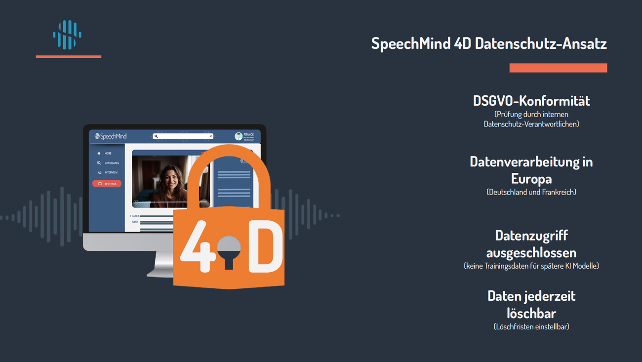 Das Bild beschreibt, wie SpeechMind höchste Datenschutzanforderungen umsetzt mit dem 4D Datenschutzkonzept